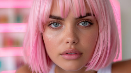Captivating portrait of a woman with vibrant pink hairの素材