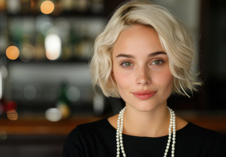 Elegant woman with blonde hair and pearlsの素材