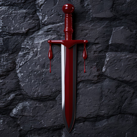 Bloody sword against dark stone wallの素材