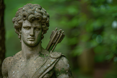 Weathered stone statue of a mythological figure with a bow and arrowの素材