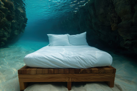 Underwater bedroom with white bedding and wooden frameの素材