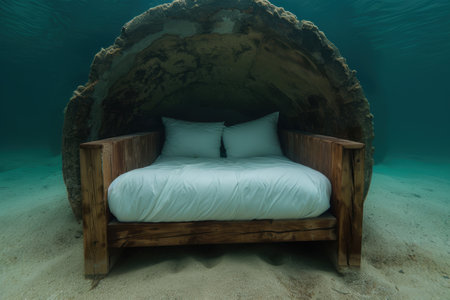 Underwater bedroom with cozy bedding and rock formationの素材
