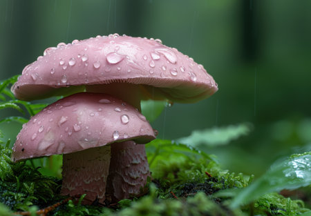 Delicate pink mushrooms in a lush green forestの素材