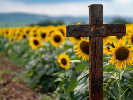 Wooden cross in a sunflower fieldの素材