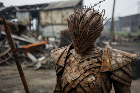 Mysterious armored figure in a post-apocalyptic settingの素材