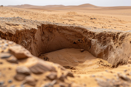 Rugged desert landscape with rocky outcropの素材