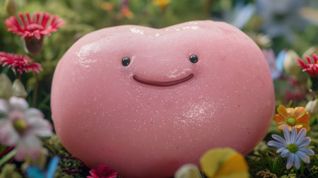 Cute pink character surrounded by colorful flowersの素材