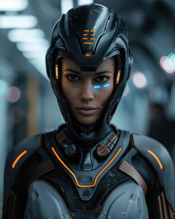 Futuristic cyborg warrior with glowing helmetの素材