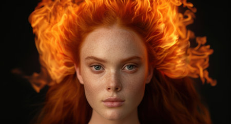 Fiery red-haired woman with intense gazeの素材