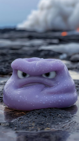 Angry purple monster on rocky beachの素材