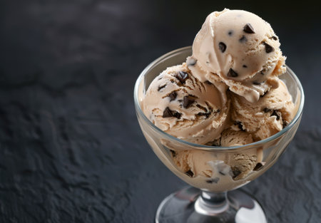 Delicious chocolate chip ice cream in a glass bowlの素材
