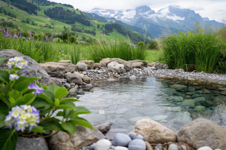 Serene mountain landscape with natural pond and lush vegetationの素材