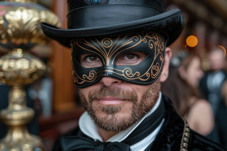 Mysterious masked man in formal attireの素材