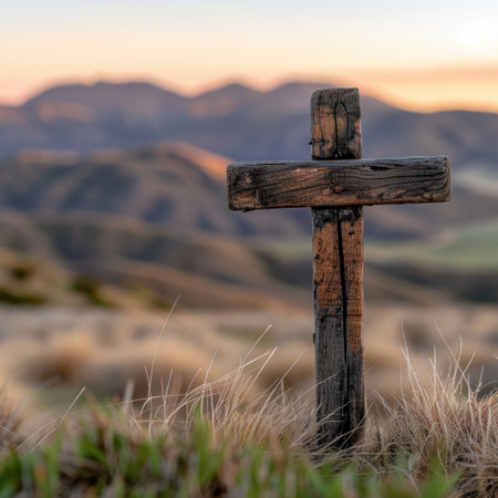 Wooden Cross in Scenic Mountain Landscape at Sunsetの素材