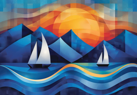 Vibrant abstract landscape with sailboats on the oceanの素材
