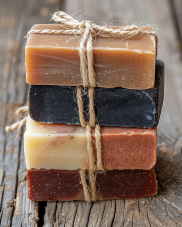 Handmade artisanal soap bars tied with ropeの素材