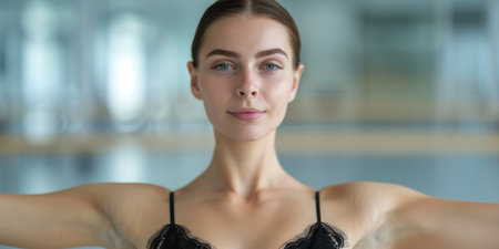 Thoughtful woman with blue eyes and natural makeupの素材