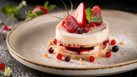 Delicious layered dessert with fresh berries and powdered sugarの素材