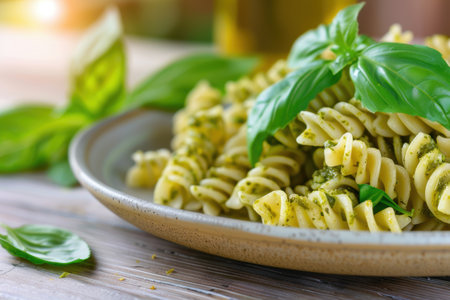 Delicious pesto pasta dish with fresh basil leavesの素材