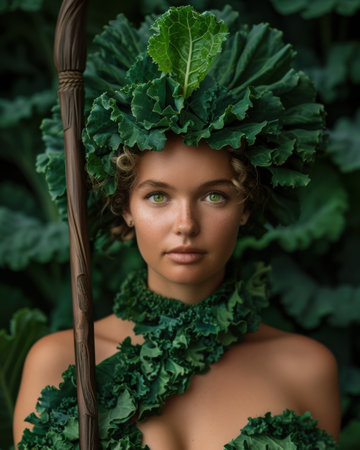 woman with kale leaves on head in natureの素材
