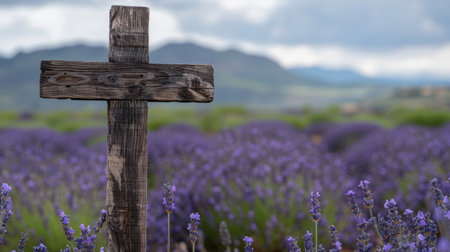 Wooden cross in lavender field with mountains in backgroundの素材
