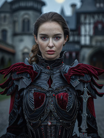 Fierce female warrior in dark fantasy armorの素材