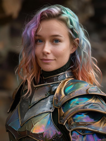 colorful warrior woman with vibrant hairの素材