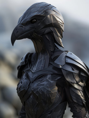 Futuristic armored warrior with bird-like helmetの素材