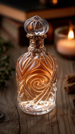 Ornate glass perfume bottle with swirling amber liquidの素材