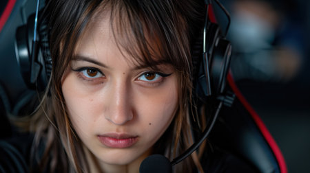 young woman with headphones looking seriousの素材