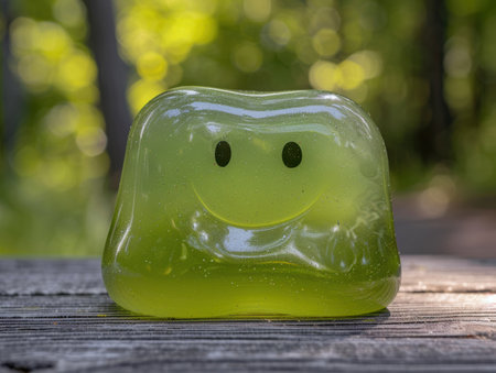 Smiling green jelly cube on wooden surfaceの素材