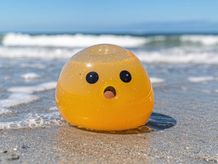 Cute yellow rubber duck on the beachの素材