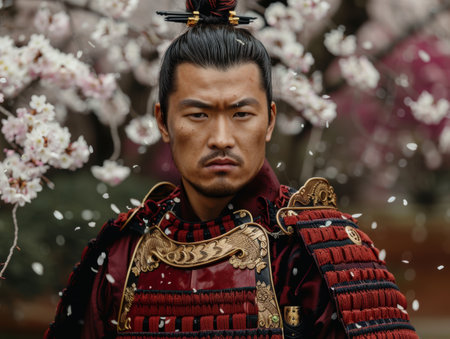 Samurai warrior in traditional armor amid cherry blossomsの素材
