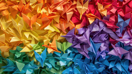 Vibrant origami paper cranes in rainbow colorsの素材