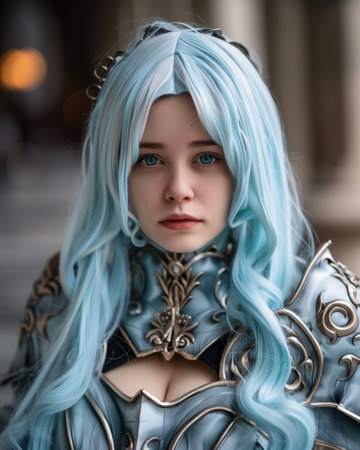 Cosplayer with blue and white hair wearing ornate armorの素材