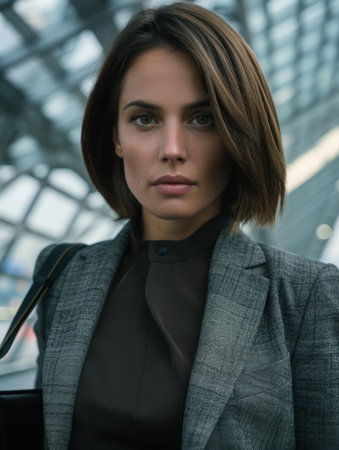 Serious young woman in a gray coatの素材