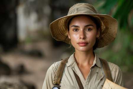 Portrait of a young woman in safari attireの素材