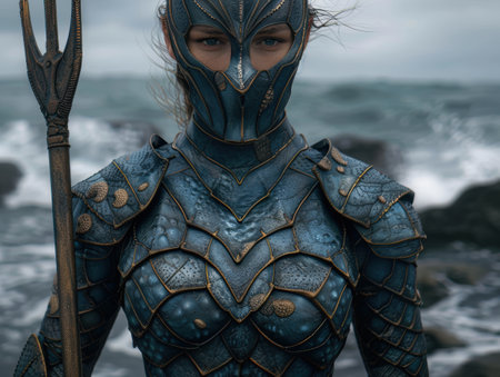 Mysterious armored warrior stands before stormy seaの素材