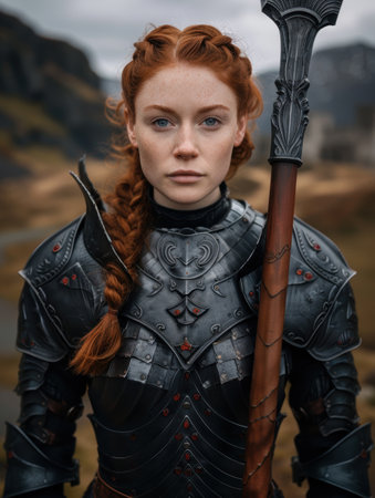 Fierce warrior woman with ornate armor and braided red hairの素材