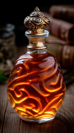 Ornate glass bottle with swirling amber liquidの素材