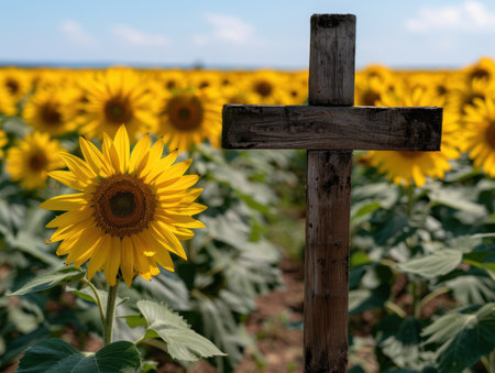 Wooden cross in a field of sunflowersの素材