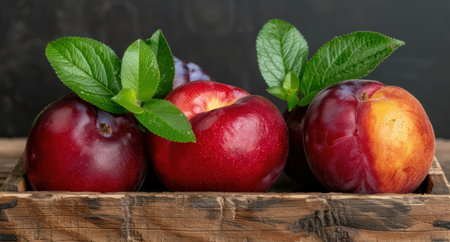 Assortment of fresh ripe apples with green leavesの素材