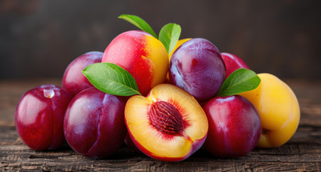 Assortment of fresh ripe peaches and plums on wooden tableの素材