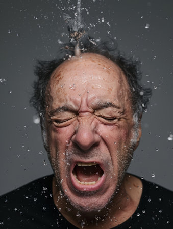 Intense expression of a mature man with water dropletsの素材