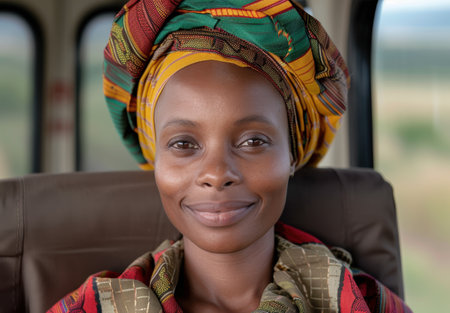 smiling woman wearing colorful traditional african headwrapの素材