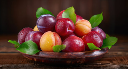 Assortment of fresh ripe plums and apricots in a wooden bowlの素材