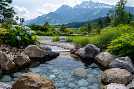 Serene mountain landscape with a tranquil stream and lush vegetationの素材