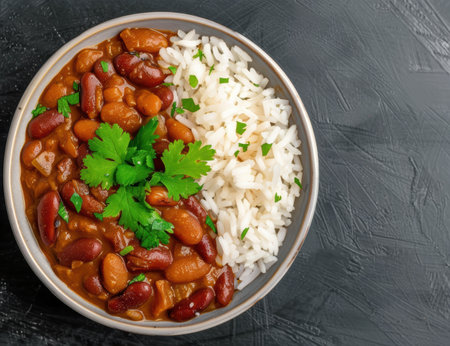 Delicious vegetarian chili and rice dishの素材