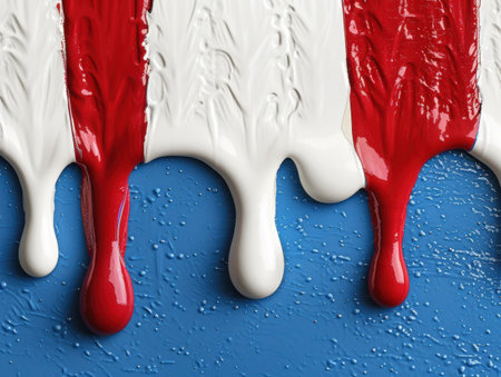 Vibrant red and blue paint splashes on a white backgroundの素材