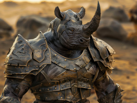 Armored rhinoceros warrior in a fantasy landscapeの素材